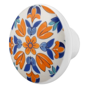 Bouton De Porte En Céramique Fleur Florale Géométrique Bleu Orange Méditerranée