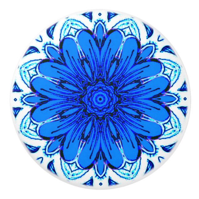 Bouton De Porte En Céramique Fleur géométrique Motif en Bleu Cobalt et Marine (Devant)
