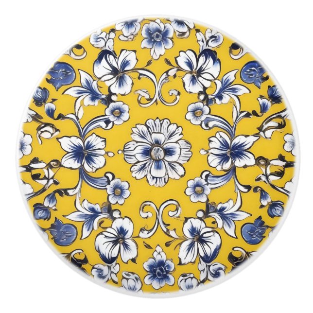 Bouton De Porte En Céramique Fleur jaune, Bleu et Blanc Céramique personnalisée (Devant)