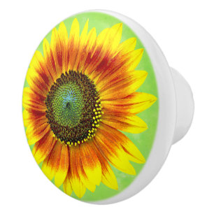 Bouton De Porte En Céramique Fleur jaune de tournesol et verte florale