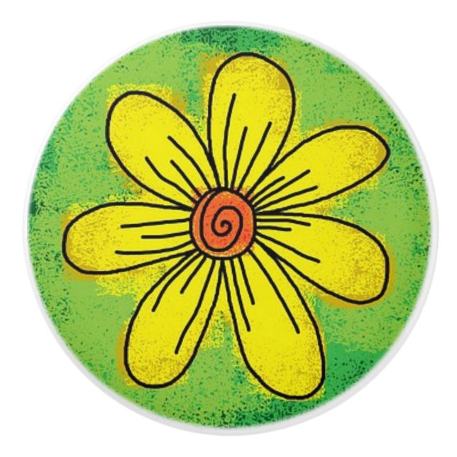 Bouton De Porte En Céramique Fleur Jaune sur Pull en Céramique Vert (Devant)