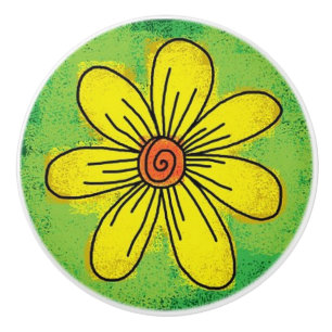 Bouton De Porte En Céramique Fleur jaune sur une Mouette en céramique verte