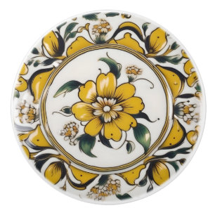 Bouton De Porte En Céramique Fleur jaune, vert et blanc Fleur personnalisé en c