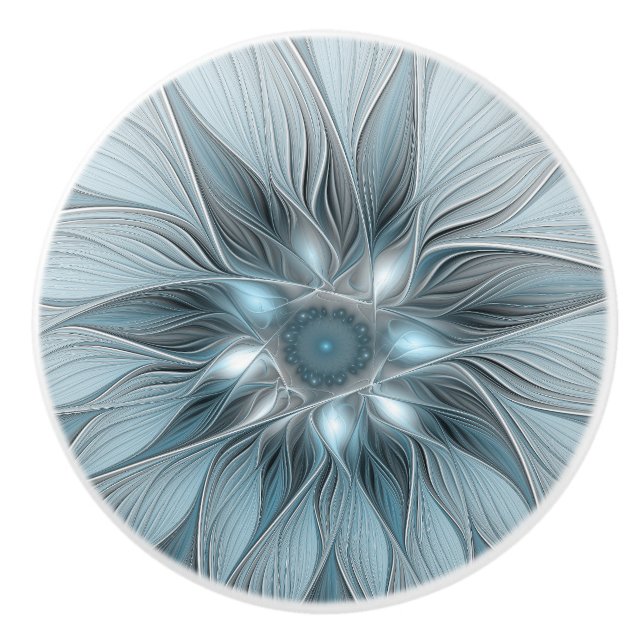 Bouton De Porte En Céramique Fleur Joyeuse Abstrait gris bleu floral Fractal (Devant)