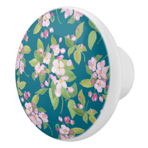 Bouton De Porte En Céramique Fleur rose pomme sur Arrière - plan bleu foncé