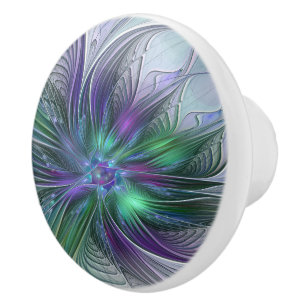 Bouton De Porte En Céramique Fleur verte abstraite moderne fractale violette