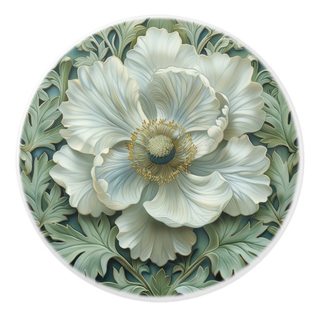 Bouton De Porte En Céramique Fleur verte de Sage blanc Art Nouveau (Devant)