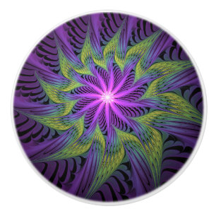 Bouton De Porte En Céramique Fleur verte violette Art fractal abstrait moderne