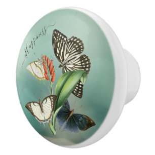 Bouton De Porte En Céramique Fleur vintage Artsy et papillons vert coutume
