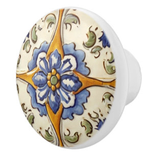 Bouton De Porte En Céramique Fleur vintage Florale Bleue sur Blanc Vert & Jaune