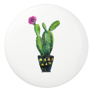Bouton De Porte En Céramique Fleur Violette de Cactus Bohème Rustique Sud-Ouest