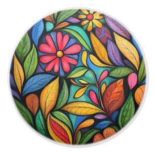 Bouton De Porte En Céramique Fleurs Abstraites et Feuilles