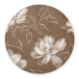Bouton De Porte En Céramique Fleurs Abstraites Marron Blanc