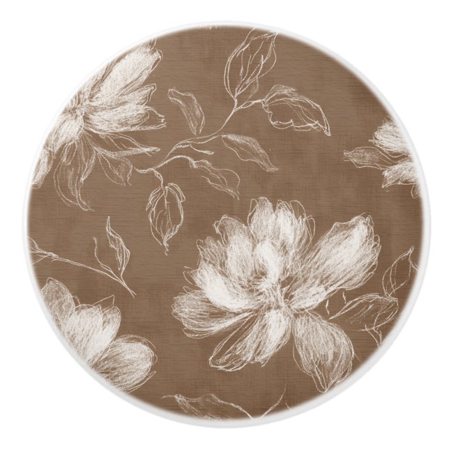 Bouton De Porte En Céramique Fleurs Abstraites Marron Blanc (Devant)