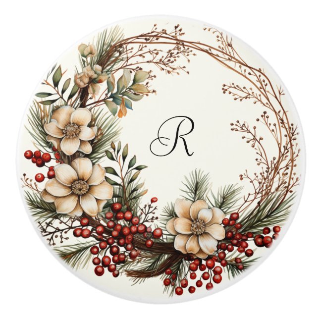 Bouton De Porte En Céramique Fleurs blanches de courge élégantes Branches de pi (Devant)