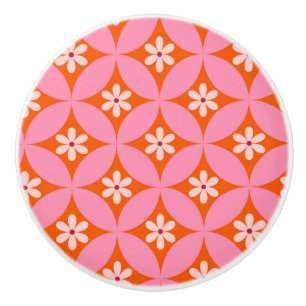 Bouton De Porte En Céramique Fleurs blanches sur Motif des cercles roses du mil