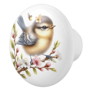 Bouton De Porte En Céramique Fleurs Brown d'oiseaux jaunes gris