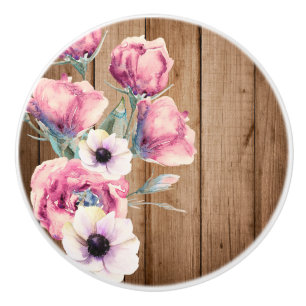 Bouton De Porte En Céramique Fleurs champêtres Bois rustique de grange