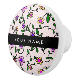 Bouton De Porte En Céramique Fleurs colorées, Arrière - plan rose, Noir
