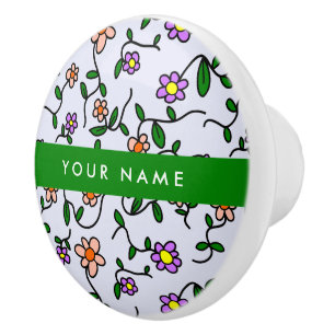 Bouton De Porte En Céramique Fleurs Colorées, Fond Bleu, Vert