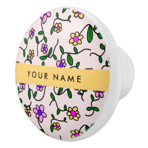 Bouton De Porte En Céramique Fleurs Colorées, Fond Rose, Jaune
