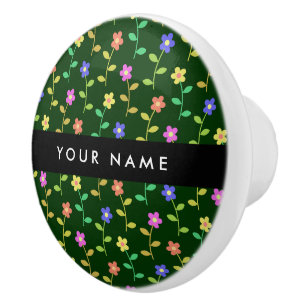 Bouton De Porte En Céramique Fleurs Colorées, Fond Vert, Noir