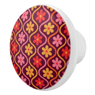 Bouton De Porte En Céramique Fleurs colorées rétro sur motif ogee vintage 