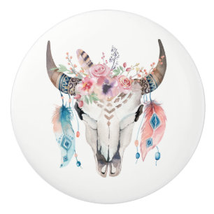 Bouton De Porte En Céramique Fleurs & Crâne de Vache Glam Country Rustique plum