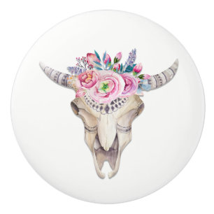 Bouton De Porte En Céramique Fleurs & Crâne de Vache Glamour Campagnard Rustiqu