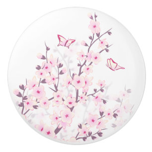 Bouton De Porte En Céramique Fleurs de cerisier papillons rose blanc