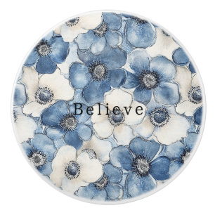 Bouton De Porte En Céramique Fleurs de Crème de Bleu Denim Croire
