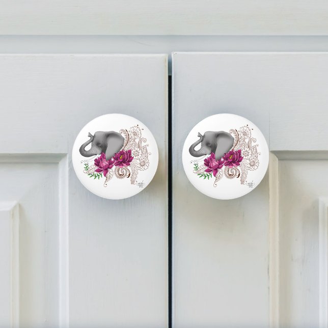 Bouton De Porte En Céramique Fleurs de lotus henné éléphant (Créateur téléchargé)