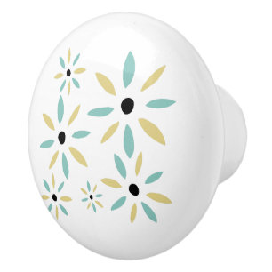 Bouton De Porte En Céramique Fleurs de milieu de siècle bleu aqua et jaune