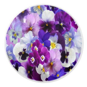 Bouton De Porte En Céramique Fleurs de pensée florales violettes bleues blanche