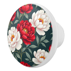 Bouton De Porte En Céramique Fleurs de pivoine rouges et blanches
