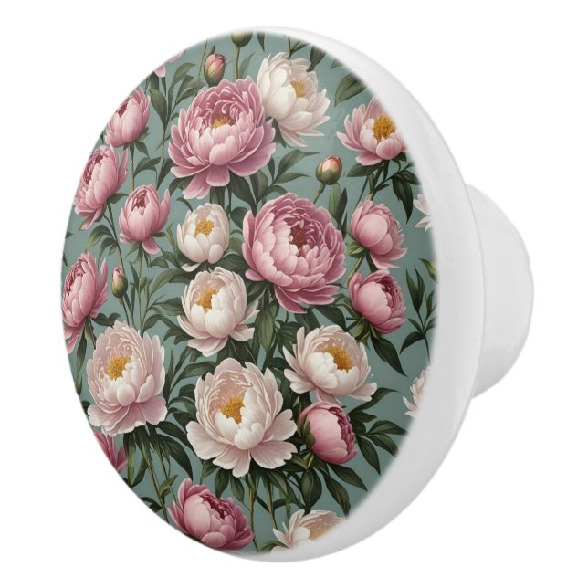 Bouton De Porte En Céramique Fleurs de pivoines roses et blanches (Droite)