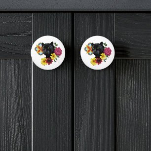 Bouton De Porte En Céramique Fleurs de Portrait Jaguar Noir