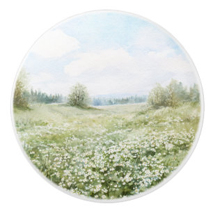 Bouton De Porte En Céramique Fleurs de prairie verte magnifique ciel bleu