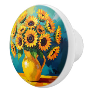 Bouton De Porte En Céramique Fleurs de soleil jaunes avec Arrière - plan Turquo