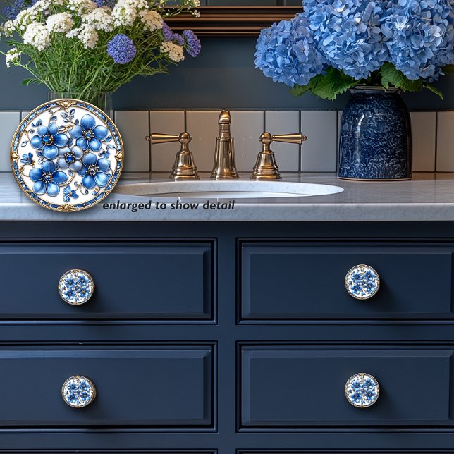 Bouton De Porte En Céramique Fleurs d'émail bleu Vins d'or & Sapphires (Créateur téléchargé)