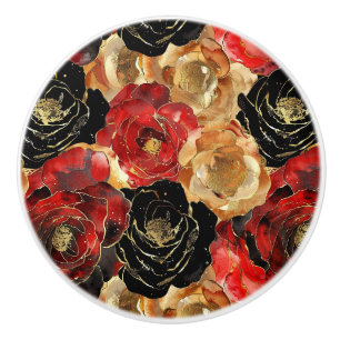 Bouton De Porte En Céramique Fleurs d'or rouge noir