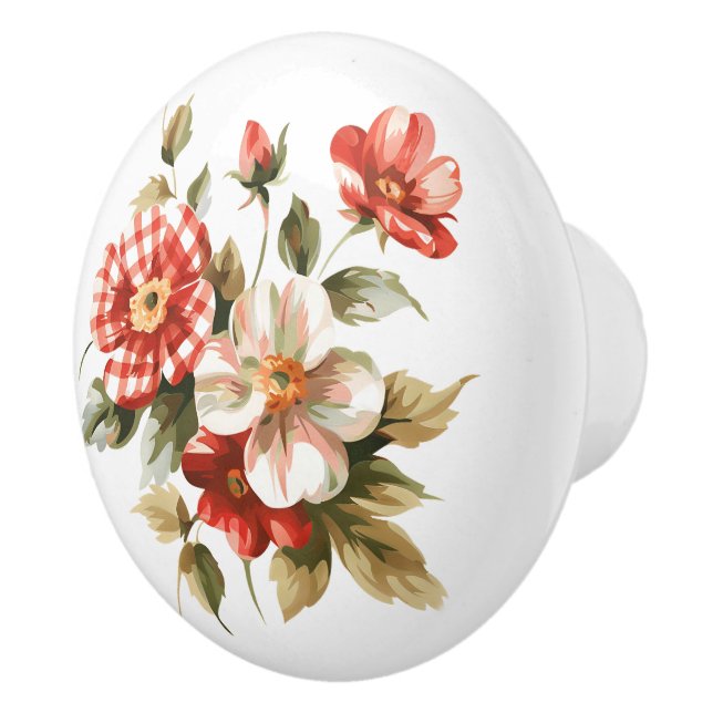 Bouton De Porte En Céramique Fleurs En En vichy Blanc Rouge (Droite)