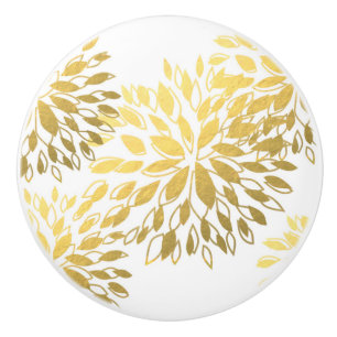 Bouton De Porte En Céramique Fleurs Florales Modernes en Faux Foil Blanc et Or