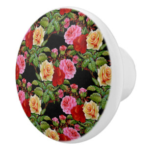 Bouton De Porte En Céramique Fleurs florales Roses rouge rose jaune vert
