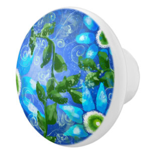 Bouton De Porte En Céramique Fleurs florales Turquoises blanches
