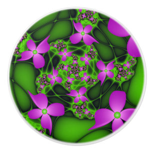 Bouton De Porte En Céramique Fleurs fractales abstraites modernes néon rose ver