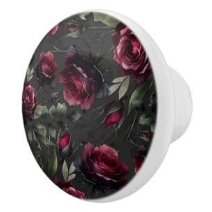Bouton De Porte En Céramique Fleurs grises ombrées de roses rouges de Bordeaux
