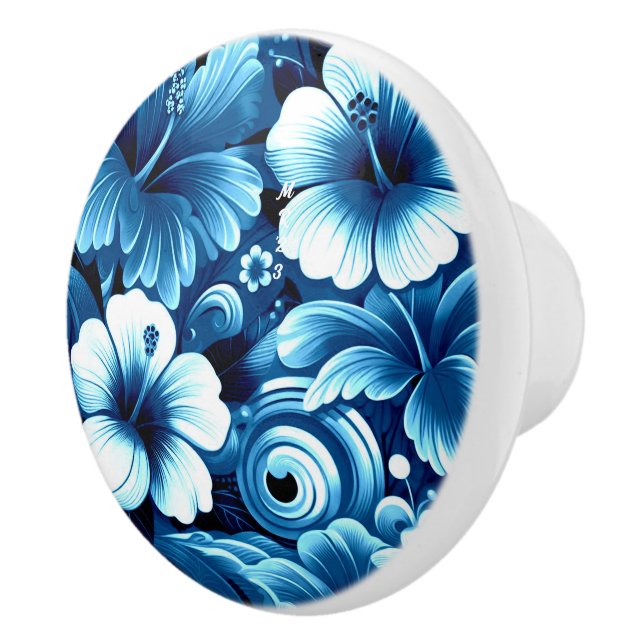 Bouton De Porte En Céramique Fleurs hawaïennes tropicales Hibiscus Motif bleu (Droite)
