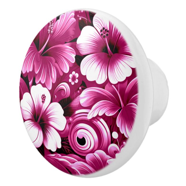 Bouton De Porte En Céramique Fleurs hawaïennes tropicales Hibiscus Motif rose (Droite)