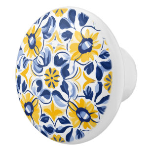 Bouton De Porte En Céramique 💙 💛 Fleurs illuminées Azulejos